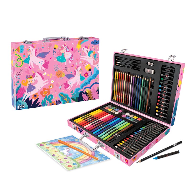 HappiHobbi Κασετίνα Ζωγραφικής Deluxe Φαντασία Μονόκεροι Με 100 Αξεσουάρ Για 3+ Χρονών