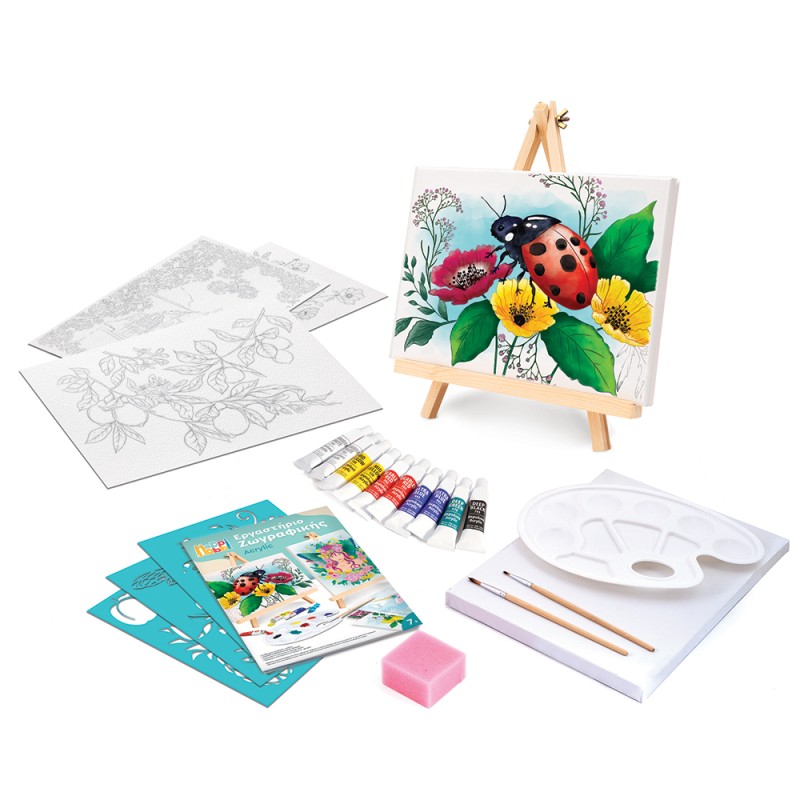 HappiHobbi Εργαστήριο Ζωγραφικής Ακρυλικά Χρώματα Σετ Ζωγραφικής Με Ξύλινο Καβαλέτο Για 7+ Χρονών