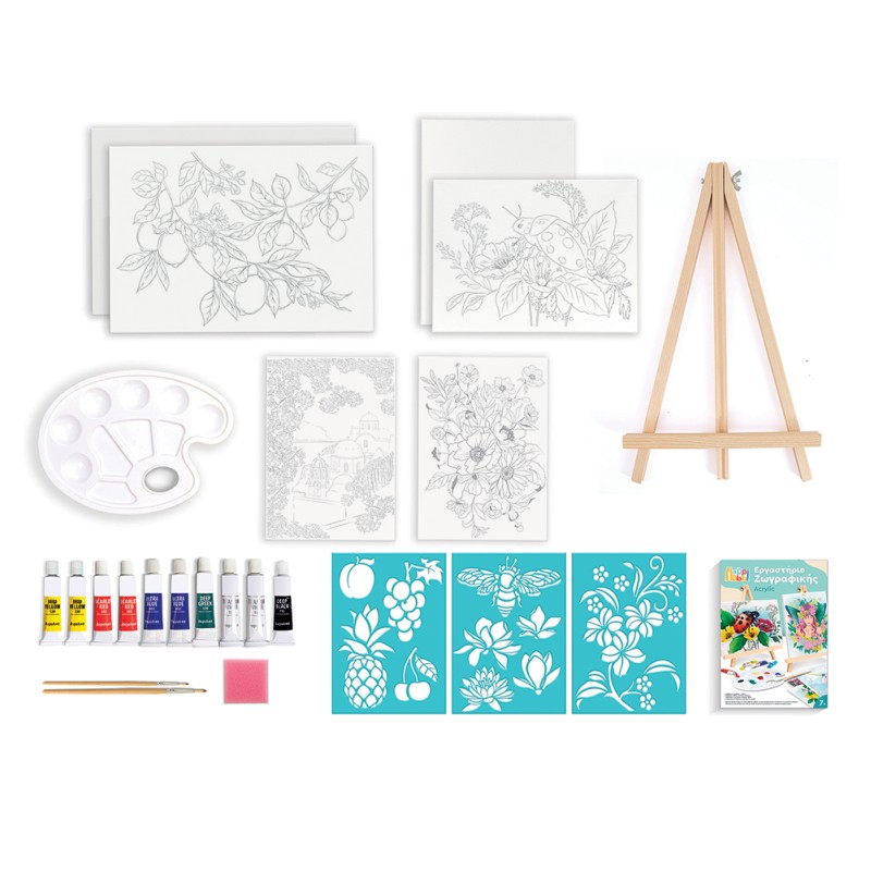 HappiHobbi Εργαστήριο Ζωγραφικής Ακρυλικά Χρώματα Σετ Ζωγραφικής Με Ξύλινο Καβαλέτο Για 7+ Χρονών