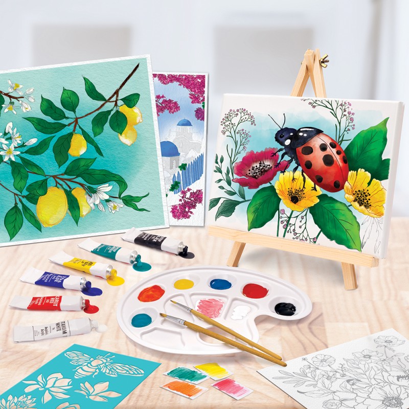 HappiHobbi Εργαστήριο Ζωγραφικής Ακρυλικά Χρώματα Σετ Ζωγραφικής Με Ξύλινο Καβαλέτο Για 7+ Χρονών