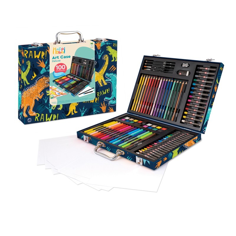 HappiHobbi Κασετίνα Ζωγραφικής Deluxe Δεινόσαυρος Με 100 Αξεσουάρ Για 3+ Χρονών