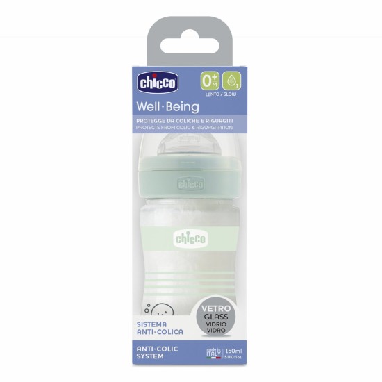 Chicco Γυλαλινο Μπιμπερό Well Being Κατά των Κολικών Με Θηλή Σιλικόνης Πράσινο 150ml Για 0+ Μηνών