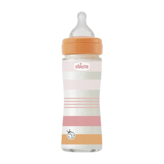 Chicco Γυλαλινο Μπιμπερό Well Being Κατά των Κολικών Με Θηλή Σιλικόνης Ροζ 240ml Για 0+ Μηνών