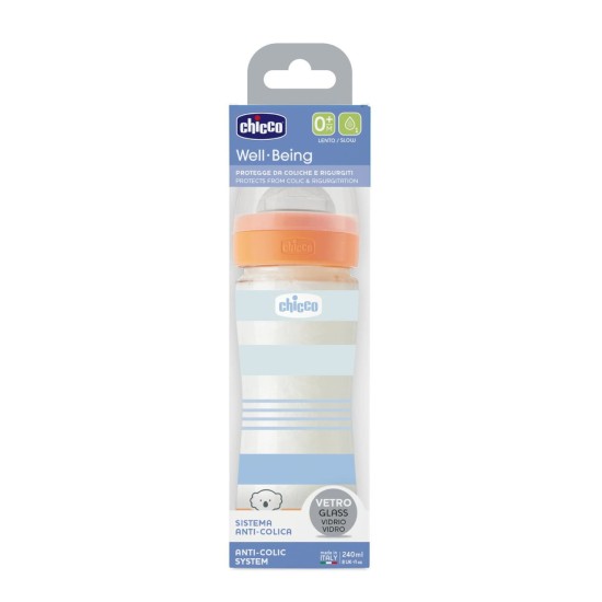 Chicco Γυλαλινο Μπιμπερό Well Being Κατά των Κολικών Με Θηλή Σιλικόνης Μπλε 240ml Για 0+ Μηνών
