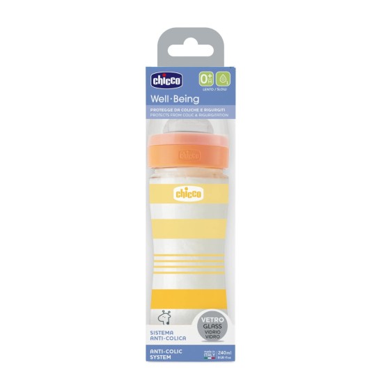 Chicco Γυλαλινο Μπιμπερό Well Being Κατά των Κολικών Με Θηλή Σιλικόνης Κίτρινο 240ml Για 0+ Μηνών