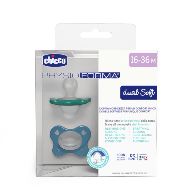 Chicco Πιπίλες Όλο Σιλικόνη PhysioForma Dual Soft Σιέλ Για 16-36 Μηνών 2τμχ