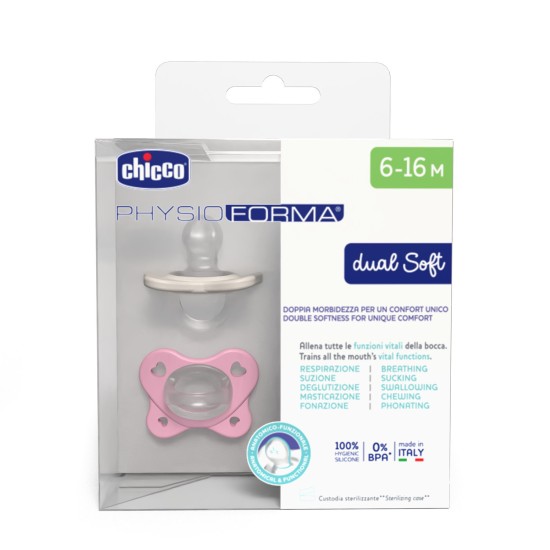 Chicco Πιπίλες Όλο Σιλικόνη PhysioForma Dual Soft Ροζ Για 6-16 Μηνών 2τμχ