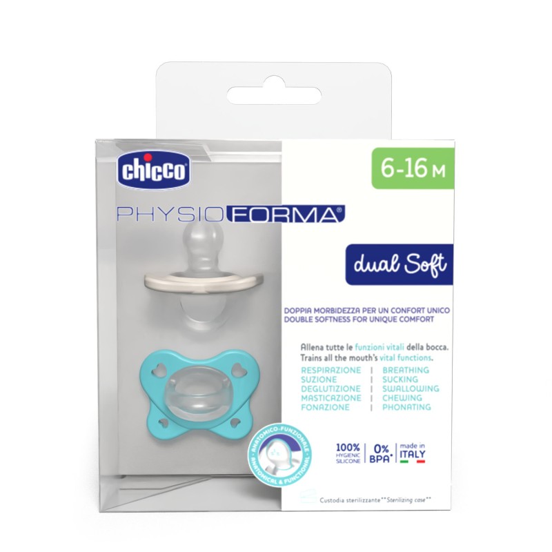 Chicco Πιπίλες Όλο Σιλικόνη PhysioForma Dual Soft Σιέλ Για 6-16 Μηνών 2τμχ