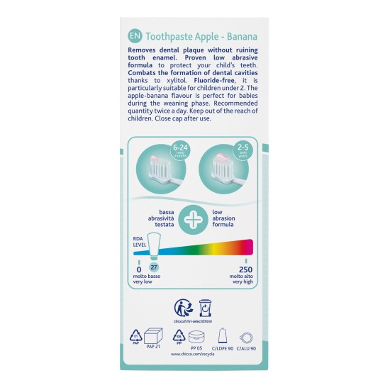 Chicco Οδοντόκρεμα Μήλο-Μπανάνα 50ml Χωρίς Φθόριο Για 6-24 Μηνών