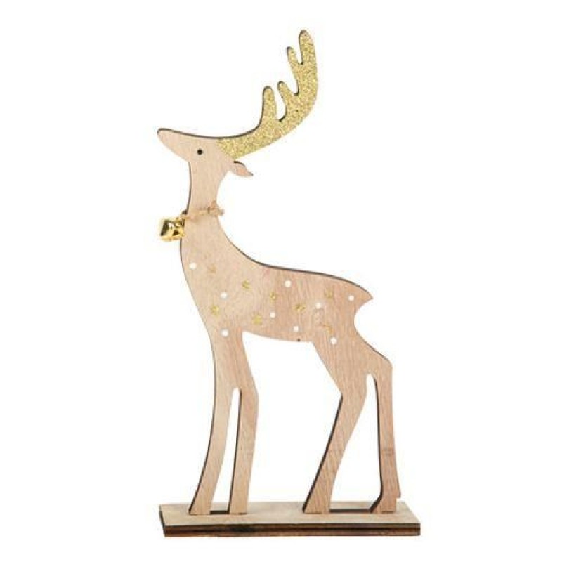 Beauty Home Τάρανδος σε ξύλινη βάση με χρυσό γκλίτερ και κουδουνάκι 23 x 12 x 5 cm