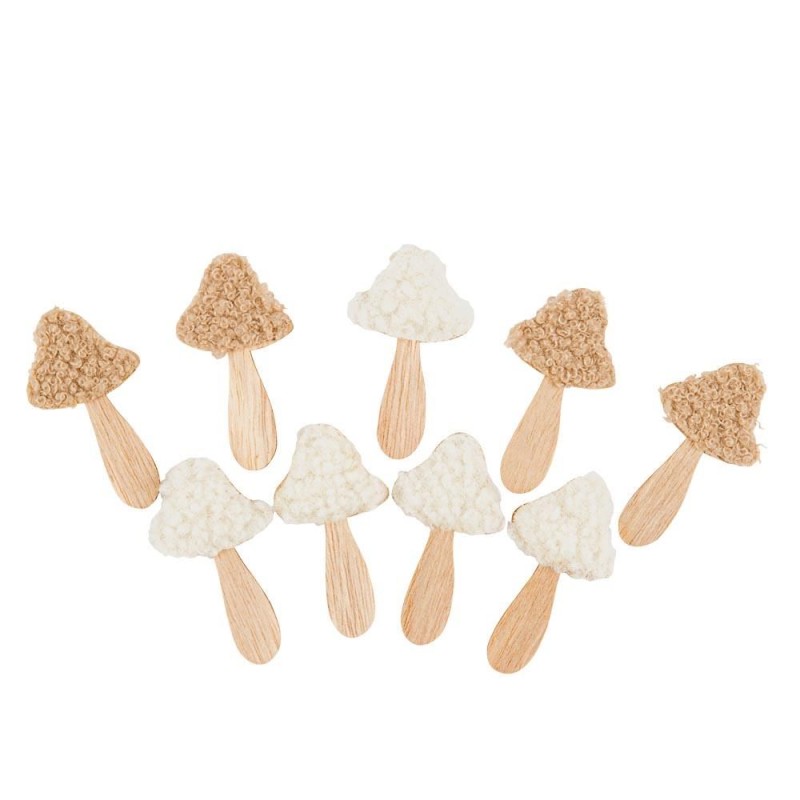 Beauty Home Σετ 9 Αυτοκόλλητων Ξύλινων Μανιταριών με Τσόχα Ταμπά & Λευκό 6,5×3,5cm