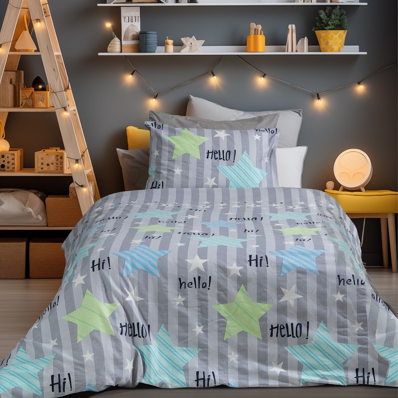 Beauty Home Σετ σεντόνια φανελένια μονά Hello Art 6321 170x260 Γκρι,Μπλε