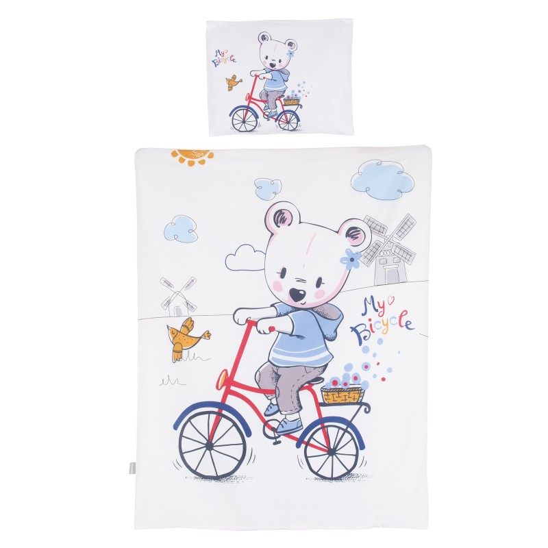 Βρεφικό Σετ Λευκών ΅Ειδών  - 5 pc. /Σεντόνι, Μαξιλαροθήκη, Μαξιλάρι, Πάπλωμα και Παπλωματοθήκη/ bear with bicycle