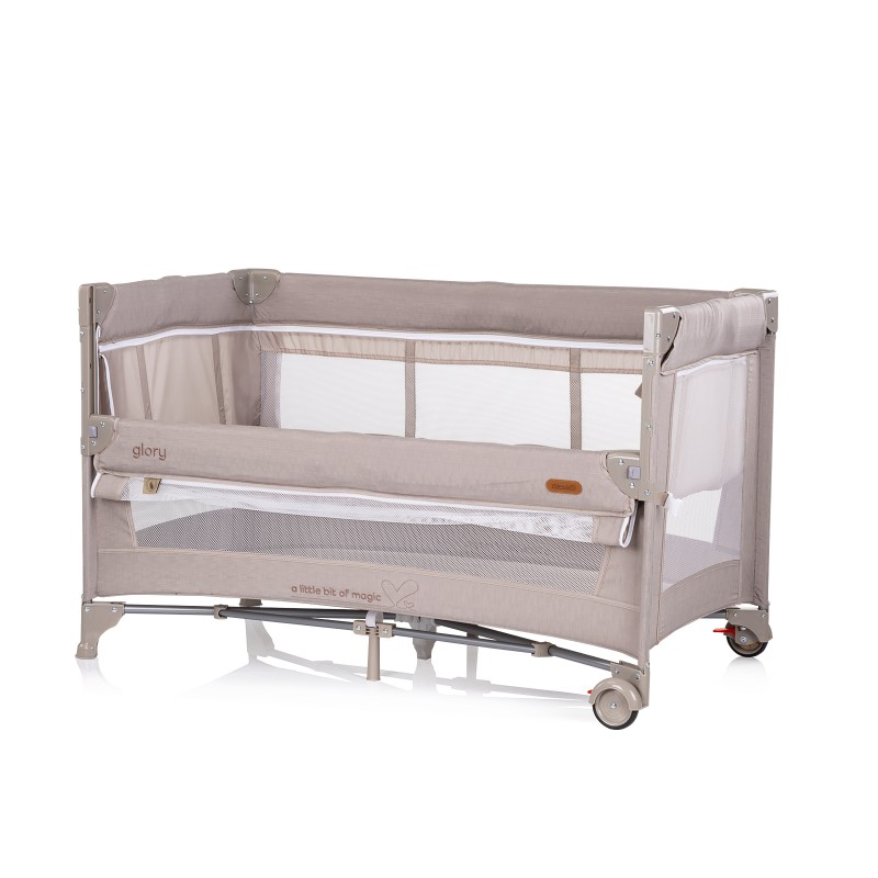 Foldable travel cot with drop side and one hand fold Glory tiramisu