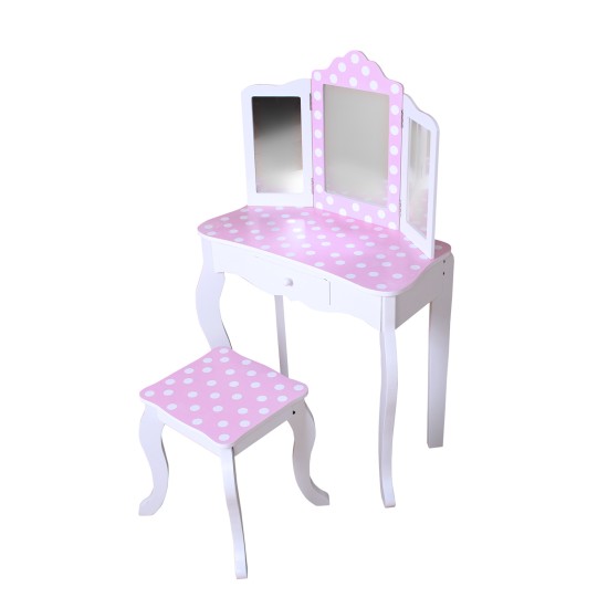 Children's dressing table with stool, pink dots