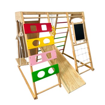 Children's climbing toy with swing and blackboard