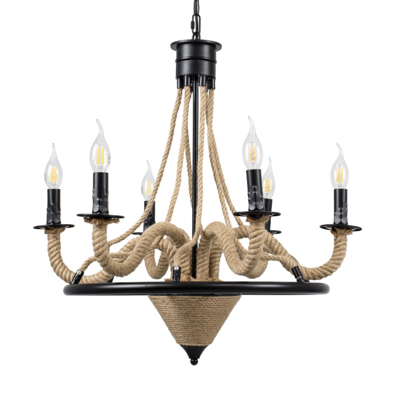 GloboStar® PENNSYLVANIA 00541 Vintage Κρεμαστό Φωτιστικό Ανάρτηση Πολύφωτο 6 x E14 IP20 Μαύρο Μέταλλο με Μπεζ Σχοινί - Μ64 x Π64 x Υ63cm