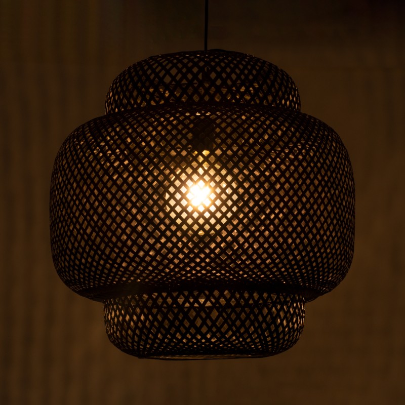 GloboStar® MALDIVES 00579 Boho Κρεμαστό Φωτιστικό Πλέγμα Μονόφωτο 1 x E27 IP20 Μαύρο Ξύλο - Μ56 x Π56 x Y54cm