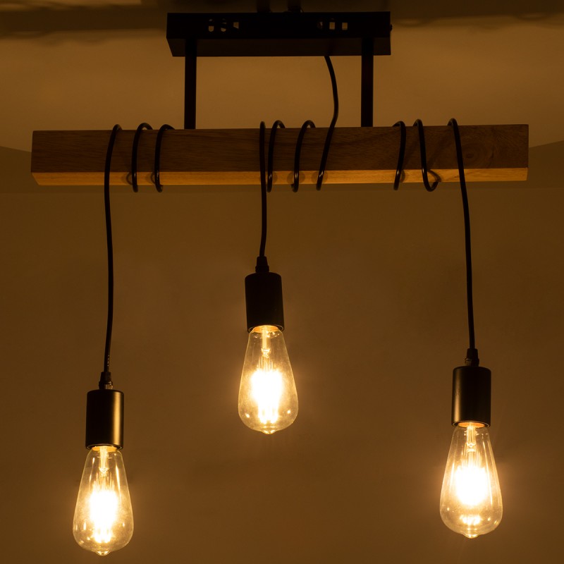 GloboStar® JOLLY 00605 Vintage Κρεμαστό Φωτιστικό Ανάρτηση Τρίφωτο 3 x E27 IP20 Μαύρο Μέταλλο, Καφε Ξύλο με Μαύρο Πλαστικό - Μ55 x Π6 x Υ30cm έως Y115cm max
