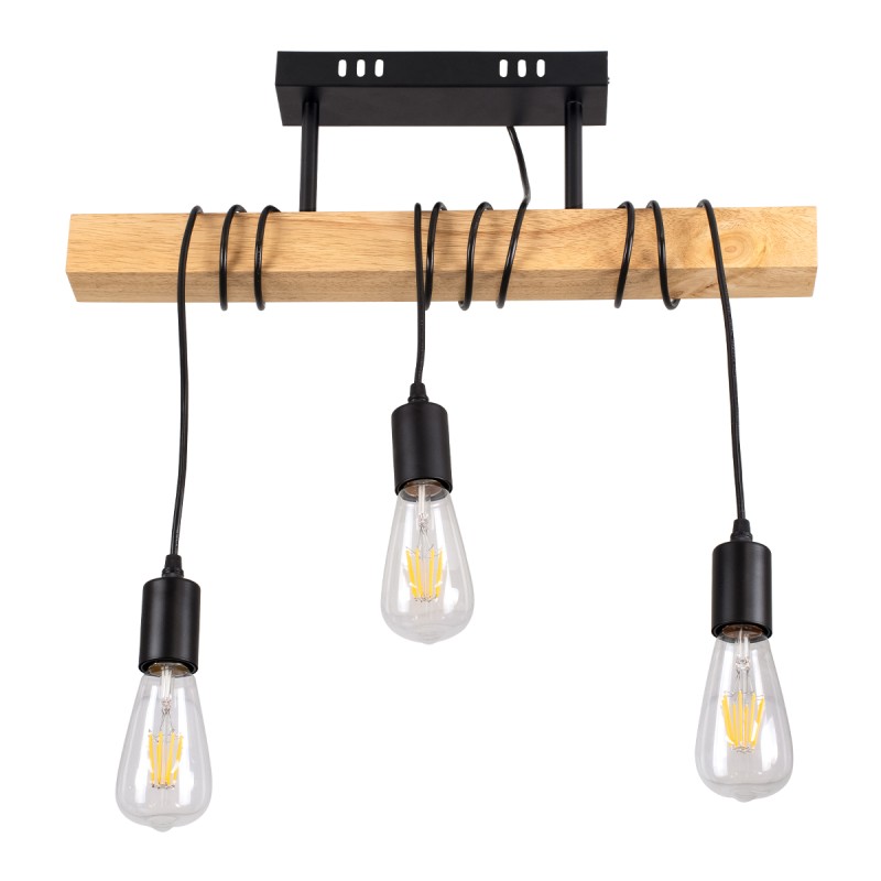 GloboStar® JOLLY 00605 Vintage Κρεμαστό Φωτιστικό Ανάρτηση Τρίφωτο 3 x E27 IP20 Μαύρο Μέταλλο, Καφε Ξύλο με Μαύρο Πλαστικό - Μ55 x Π6 x Υ30cm έως Y115cm max