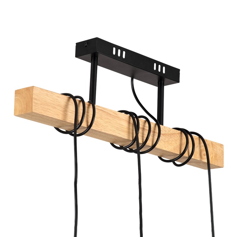 GloboStar® JOLLY 00605 Vintage Κρεμαστό Φωτιστικό Ανάρτηση Τρίφωτο 3 x E27 IP20 Μαύρο Μέταλλο, Καφε Ξύλο με Μαύρο Πλαστικό - Μ55 x Π6 x Υ30cm έως Y115cm max