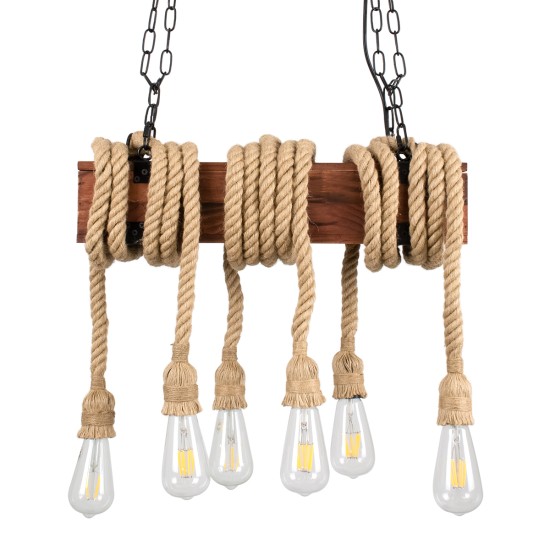 GloboStar® VIKING 00606 Vintage Κρεμαστό Φωτιστικό Ανάρτηση Πολύφωτο 6 x E27 IP20 Μαύρο Μέταλλο, Καφε Ξύλο με Μπεζ Σχοινί - Μ53 x Π11 x Υ96cm έως Y220cm max GloboStar® VIKING 00606 Vintage Κρεμαστό Φωτιστικό Ανάρτηση Πολύφωτο 6 x E27 IP20 Μαύρο Μέταλλο, Καφε Ξύλο με Μπεζ Σχοινί - Μ53 x Π11 x Υ96cm έως Y220cm max