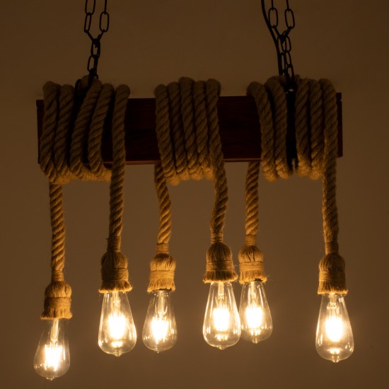 GloboStar® VIKING 00606 Vintage Κρεμαστό Φωτιστικό Ανάρτηση Πολύφωτο 6 x E27 IP20 Μαύρο Μέταλλο, Καφε Ξύλο με Μπεζ Σχοινί - Μ53 x Π11 x Υ96cm έως Y220cm max GloboStar® VIKING 00606 Vintage Κρεμαστό Φωτιστικό Ανάρτηση Πολύφωτο 6 x E27 IP20 Μαύρο Μέταλλο, Καφε Ξύλο με Μπεζ Σχοινί - Μ53 x Π11 x Υ96cm έως Y220cm max