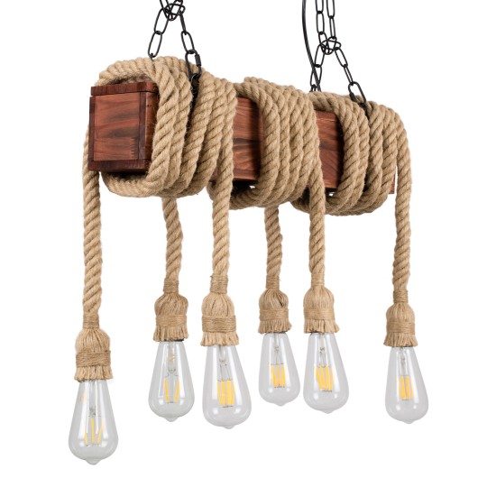 GloboStar® VIKING 00606 Vintage Κρεμαστό Φωτιστικό Ανάρτηση Πολύφωτο 6 x E27 IP20 Μαύρο Μέταλλο, Καφε Ξύλο με Μπεζ Σχοινί - Μ53 x Π11 x Υ96cm έως Y220cm max GloboStar® VIKING 00606 Vintage Κρεμαστό Φωτιστικό Ανάρτηση Πολύφωτο 6 x E27 IP20 Μαύρο Μέταλλο, Καφε Ξύλο με Μπεζ Σχοινί - Μ53 x Π11 x Υ96cm έως Y220cm max