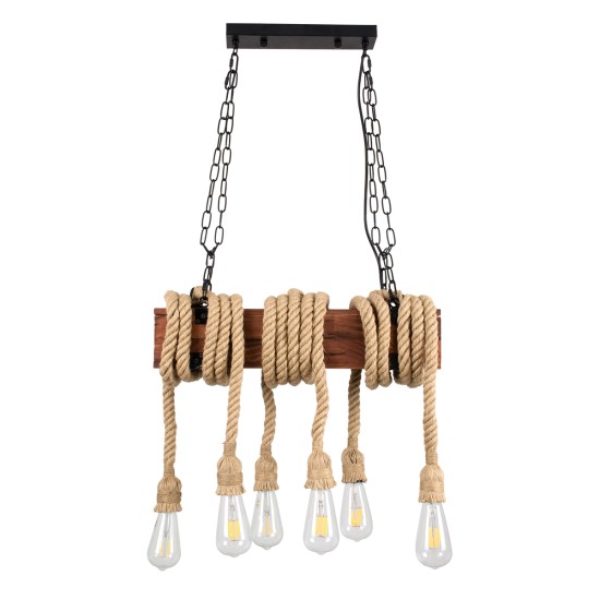 GloboStar® VIKING 00606 Vintage Κρεμαστό Φωτιστικό Ανάρτηση Πολύφωτο 6 x E27 IP20 Μαύρο Μέταλλο, Καφε Ξύλο με Μπεζ Σχοινί - Μ53 x Π11 x Υ96cm έως Y220cm max GloboStar® VIKING 00606 Vintage Κρεμαστό Φωτιστικό Ανάρτηση Πολύφωτο 6 x E27 IP20 Μαύρο Μέταλλο, Καφε Ξύλο με Μπεζ Σχοινί - Μ53 x Π11 x Υ96cm έως Y220cm max
