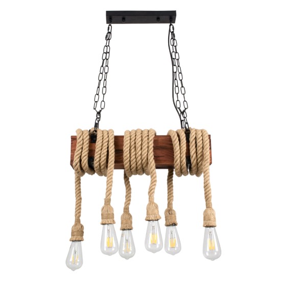 GloboStar® VIKING 00606 Vintage Κρεμαστό Φωτιστικό Ανάρτηση Πολύφωτο 6 x E27 IP20 Μαύρο Μέταλλο, Καφε Ξύλο με Μπεζ Σχοινί - Μ53 x Π11 x Υ96cm έως Y220cm max GloboStar® VIKING 00606 Vintage Κρεμαστό Φωτιστικό Ανάρτηση Πολύφωτο 6 x E27 IP20 Μαύρο Μέταλλο, Καφε Ξύλο με Μπεζ Σχοινί - Μ53 x Π11 x Υ96cm έως Y220cm max
