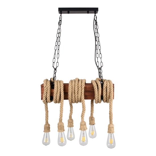 GloboStar® VIKING 00606 Vintage Κρεμαστό Φωτιστικό Ανάρτηση Πολύφωτο 6 x E27 IP20 Μαύρο Μέταλλο, Καφε Ξύλο με Μπεζ Σχοινί - Μ53 x Π11 x Υ96cm έως Y220cm max GloboStar® VIKING 00606 Vintage Κρεμαστό Φωτιστικό Ανάρτηση Πολύφωτο 6 x E27 IP20 Μαύρο Μέταλλο, Καφε Ξύλο με Μπεζ Σχοινί - Μ53 x Π11 x Υ96cm έως Y220cm max