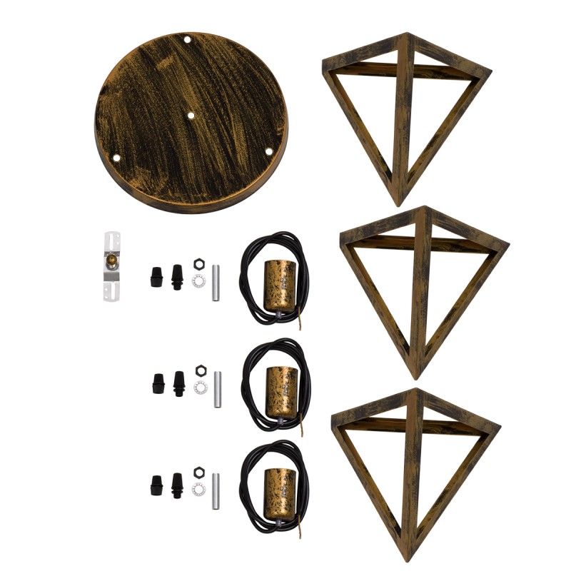 GloboStar® TRIANGLE 00619 Μοντέρνο Κρεμαστό Φωτιστικό Πλέγμα Τρίφωτο 3 x E27 IP20 Μπρούτζινο Μέταλλο - Μ49 x Π49 x Y130cm