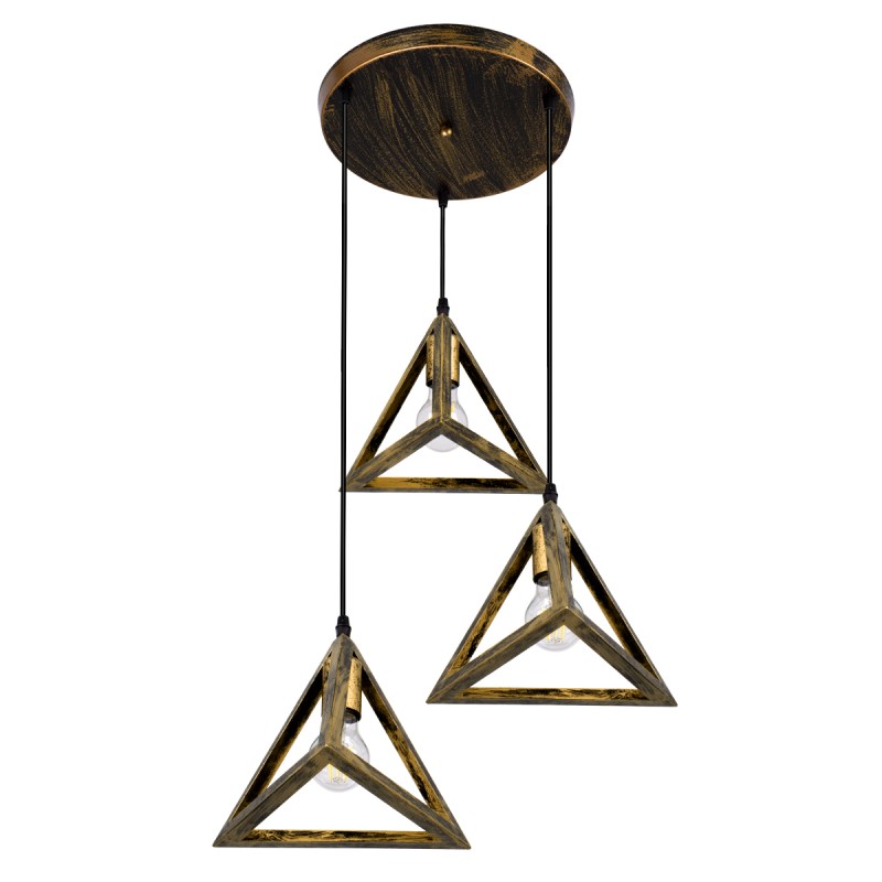 GloboStar® TRIANGLE 00619 Μοντέρνο Κρεμαστό Φωτιστικό Πλέγμα Τρίφωτο 3 x E27 IP20 Μπρούτζινο Μέταλλο - Μ49 x Π49 x Y130cm