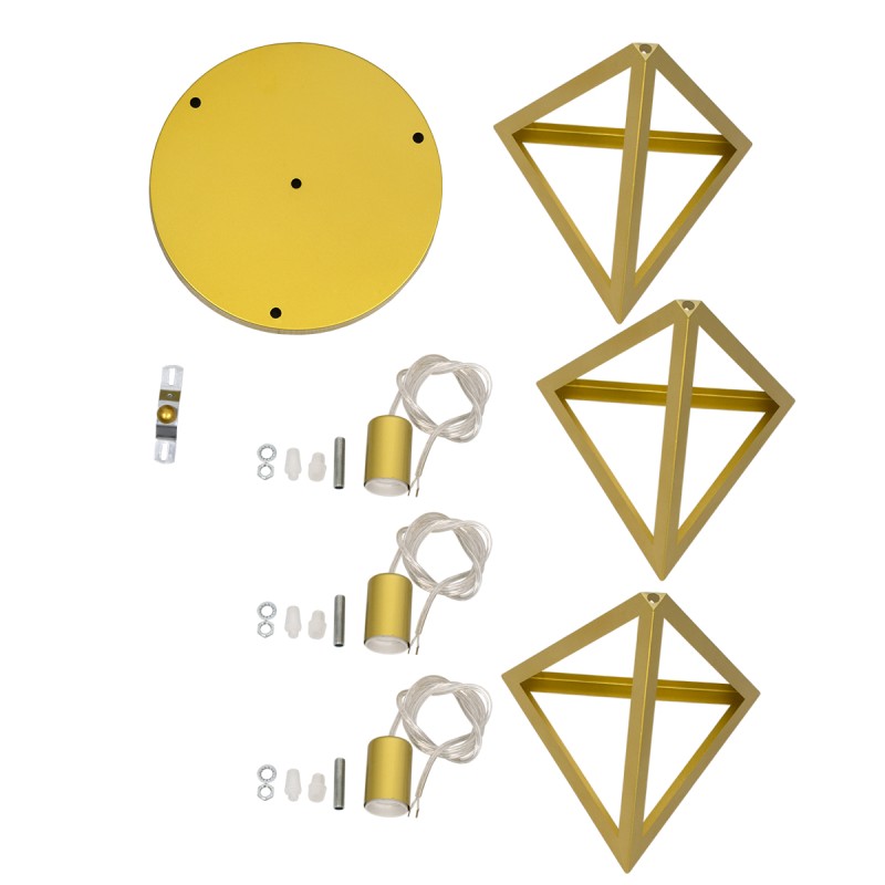 GloboStar® TRIANGLE 00620 Μοντέρνο Κρεμαστό Φωτιστικό Πλέγμα Τρίφωτο 3 x E27 IP20 Χρυσό Μέταλλο - Μ49 x Π49 x Y130cm