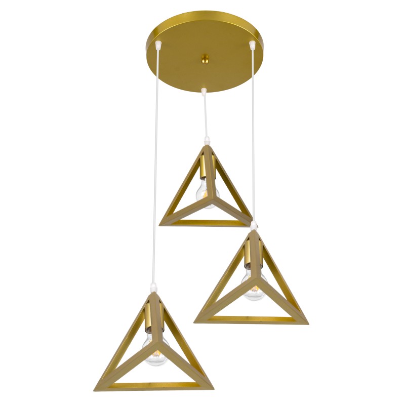 GloboStar® TRIANGLE 00620 Μοντέρνο Κρεμαστό Φωτιστικό Πλέγμα Τρίφωτο 3 x E27 IP20 Χρυσό Μέταλλο - Μ49 x Π49 x Y130cm