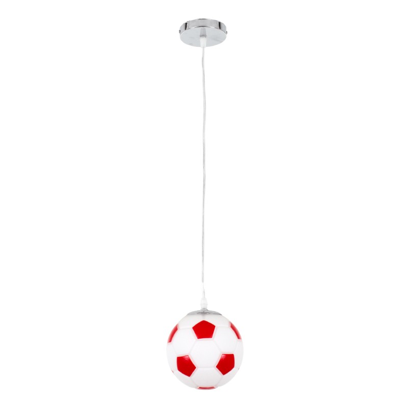 GloboStar® FOOTBALL 00642 Παιδικό Κρεμαστό Φωτιστικό Μπάλα Μονόφωτο 1 x E27 IP20 Λευκό & Κόκκινο Γυαλί - Μ15 x Π15 x Y18cm