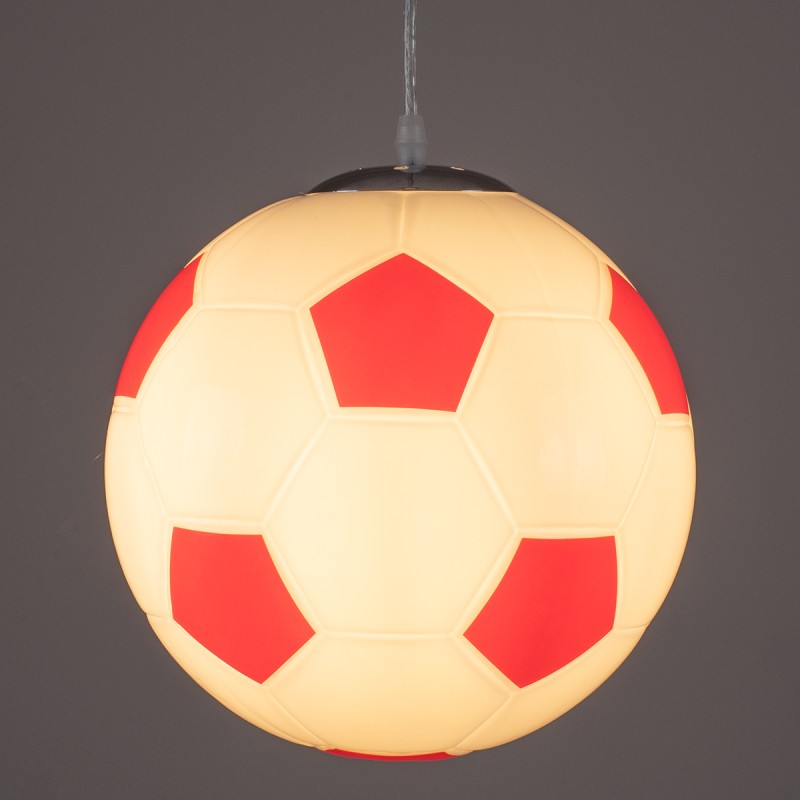 GloboStar® FOOTBALL 00646 Παιδικό Κρεμαστό Φωτιστικό Μπάλα Μονόφωτο 1 x E27 IP20 Λευκό & Κόκκινο Γυαλί - Μ25 x Π25 x Υ25cm