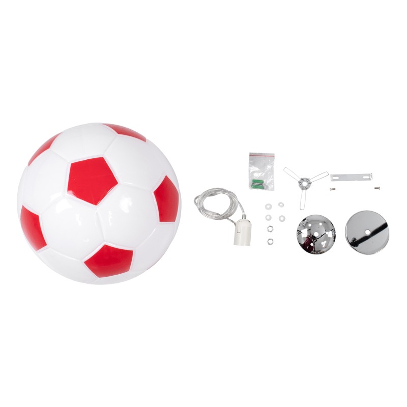 GloboStar® FOOTBALL 00646 Παιδικό Κρεμαστό Φωτιστικό Μπάλα Μονόφωτο 1 x E27 IP20 Λευκό & Κόκκινο Γυαλί - Μ25 x Π25 x Υ25cm