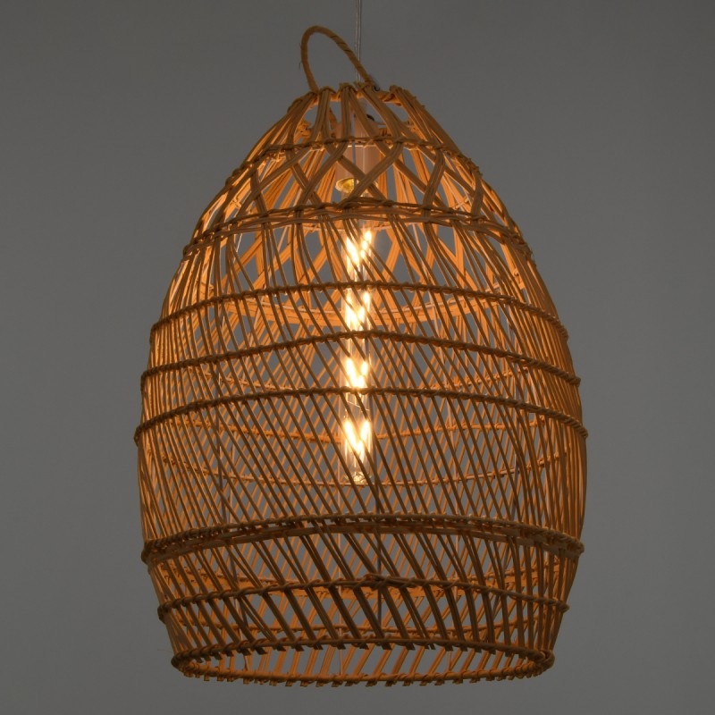 GloboStar® TAHITI 00710 Boho Κρεμαστό Φωτιστικό Πλέγμα Μονόφωτο 1 x E27 IP20 Μπεζ Ξύλο - Μ38 x Π38 x Υ50cm