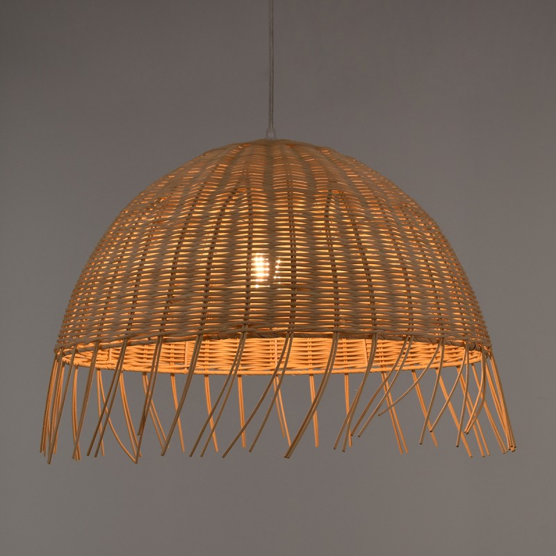 GloboStar® JAKARTA 00712 Boho Κρεμαστό Φωτιστικό Καμπάνα Μονόφωτο 1 x E27 IP20 Μπέζ Ξύλο - Μ50 x Π50 x Υ36cm