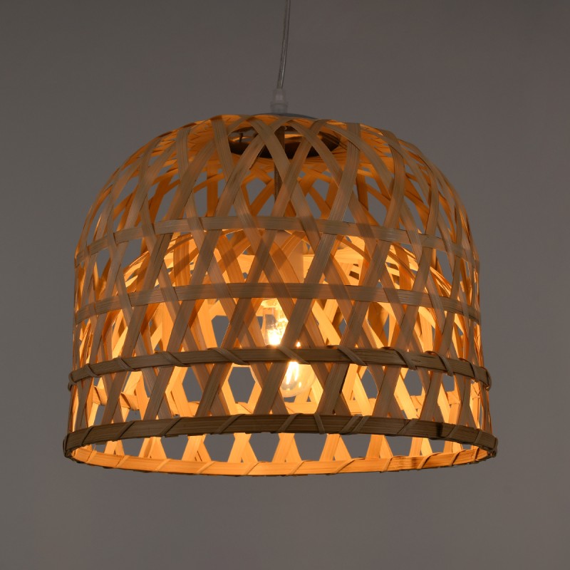 GloboStar® MANGEA 00715 Boho Κρεμαστό Φωτιστικό Πλέγμα Μονόφωτο 1 x E27 IP20 Μπεζ Ξύλο - Μ35 x Π35 x Υ22cm