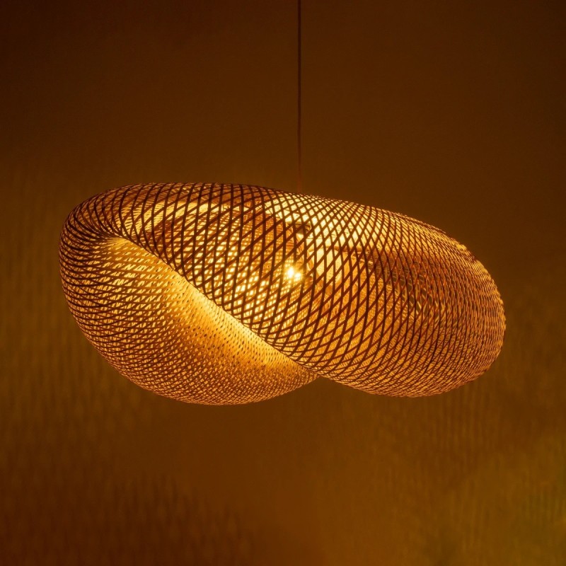 GloboStar® MEXICO 00721 Boho Κρεμαστό Φωτιστικό Ανάρτηση Μονόφωτο 1 x E27 IP20 Μπεζ Ξύλο - Μ100 x Π80 x Y35cm