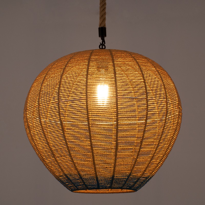 GloboStar® SIMON 00727 Boho Κρεμαστό Φωτιστικό Ανάρτηση Μονόφωτο 1 x E27 IP20 Μπεζ & Μπλε Σχοινί - Μ50 x Π50 x Y47cm