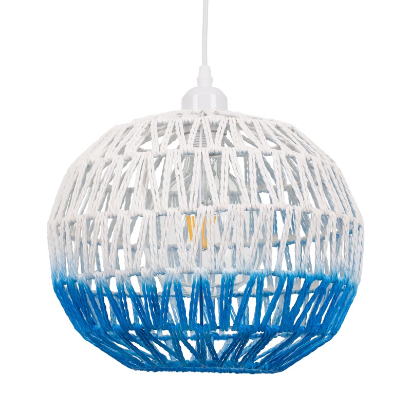 GloboStar® SANTOR 00728 Boho Κρεμαστό Φωτιστικό Πλέγμα Μονόφωτο 1 x E27 IP20 Λευκό & Μπλε Σχοινί - Μ30 x Π30 x Υ30cm