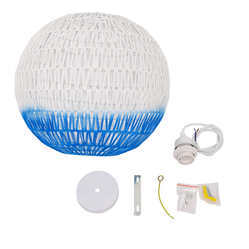 GloboStar® SANTOR 00729 Boho Κρεμαστό Φωτιστικό Μπάλα Μονόφωτο 1 x E27 IP20 Λευκό & Μπλε Σχοινί - Μ50 x Π50 x Y50cm
