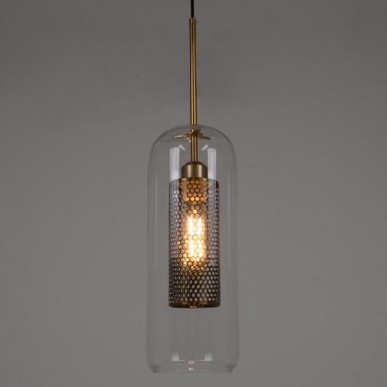 GloboStar® AVERY 00741 Μοντέρνο Κρεμαστό Φωτιστικό Πλέγμα Μονόφωτο 1 x E27 IP20 Διάφανο Γυαλί με Χρυσό Μέταλλο - Μ15 x Π15 x Υ60cm