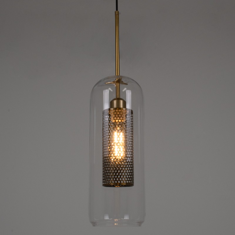 GloboStar® AVERY 00741 Μοντέρνο Κρεμαστό Φωτιστικό Πλέγμα Μονόφωτο 1 x E27 IP20 Διάφανο Γυαλί με Χρυσό Μέταλλο - Μ15 x Π15 x Υ60cm