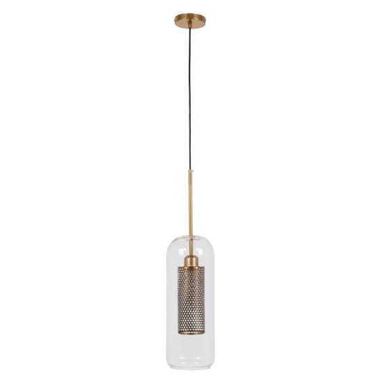 GloboStar® AVERY 00741 Μοντέρνο Κρεμαστό Φωτιστικό Πλέγμα Μονόφωτο 1 x E27 IP20 Διάφανο Γυαλί με Χρυσό Μέταλλο - Μ15 x Π15 x Υ60cm