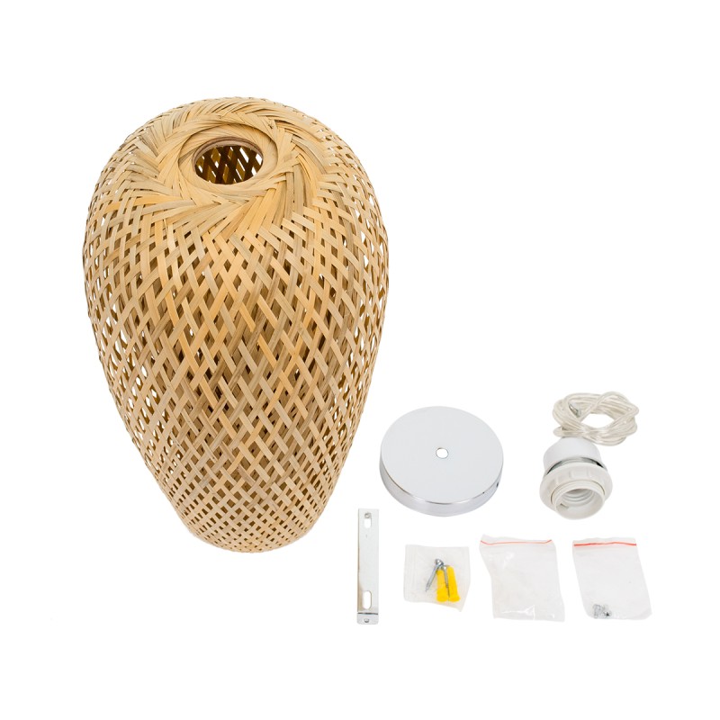 GloboStar® SAN TROPEZ 00764 Boho Κρεμαστό Φωτιστικό Ανάρτηση Μονόφωτο 1 x E27 IP20 Μπεζ Ξύλο - Μ19 x Π19 x Υ42cm