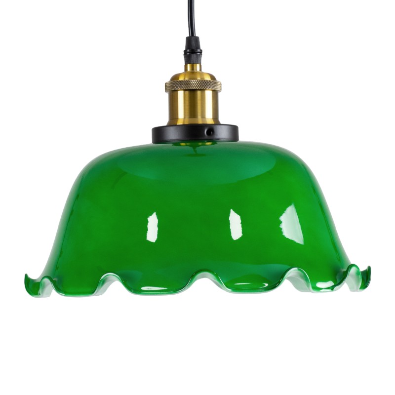 GloboStar® LIBRARY 00767 Vintage Κρεμαστό Φωτιστικό Καμπάνα Μονόφωτο 1 x E27 IP20 Πράσινο & Λευκό Γυαλί με Χρυσό & Μαύρο Μέταλλο - Μ26 x Π26 x Y20cm